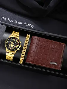 Luxury Watch Set with Elegant Jewelry and Practical Wallet, Analog Quartz Movement, Zinc Alloy Case, Men's Fashion Accessory