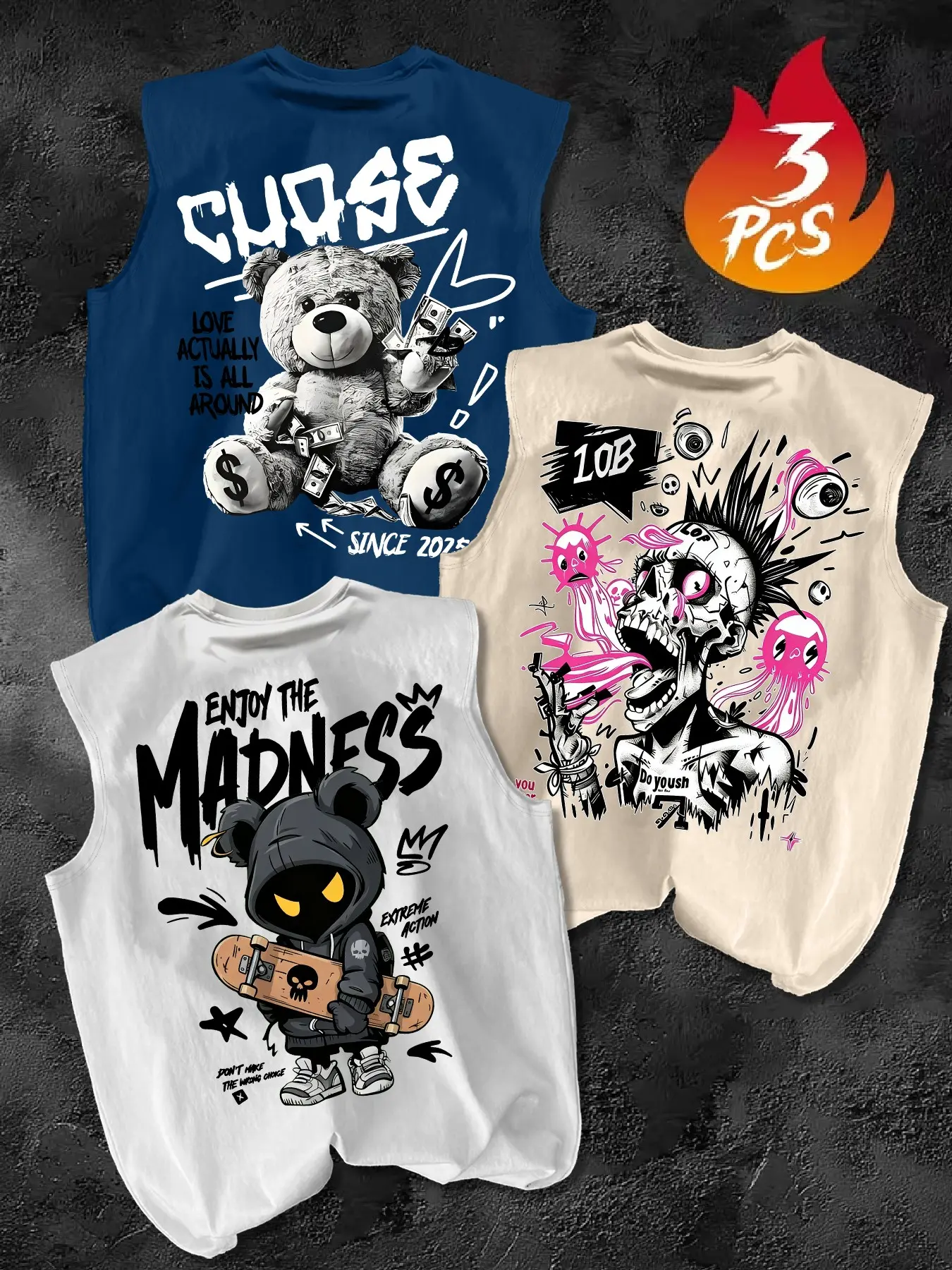 3 Piece Set American Street Style Sleeveless Vest, Bear Skull Print, Men's Loose Fit Casual Sports Top, Fitted Tribal Pattern, Summer Clothes Tops, Muscle Tank, Streetwear