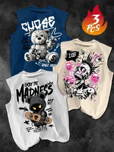 3 Piece Set American Street Style Sleeveless Vest, Bear Skull Print, Men's Loose Fit Casual Sports Top, Fitted Tribal Pattern
