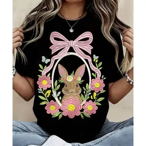 Western Graphic T-Shirt Women Easter Bunny With Flowers And Bow Embroidered Design Pure Cotton Casual Round Neck T Shirt Soft Comfortable Spring Summer Wear