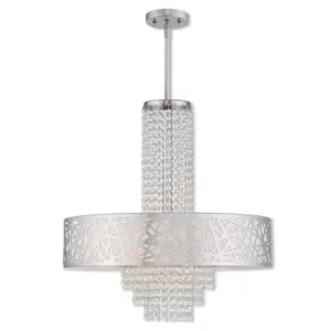 5 Light Polished Chrome Pendant Chandelier with Off-White Fabric Hardback Inside & Clear Crystals Shade