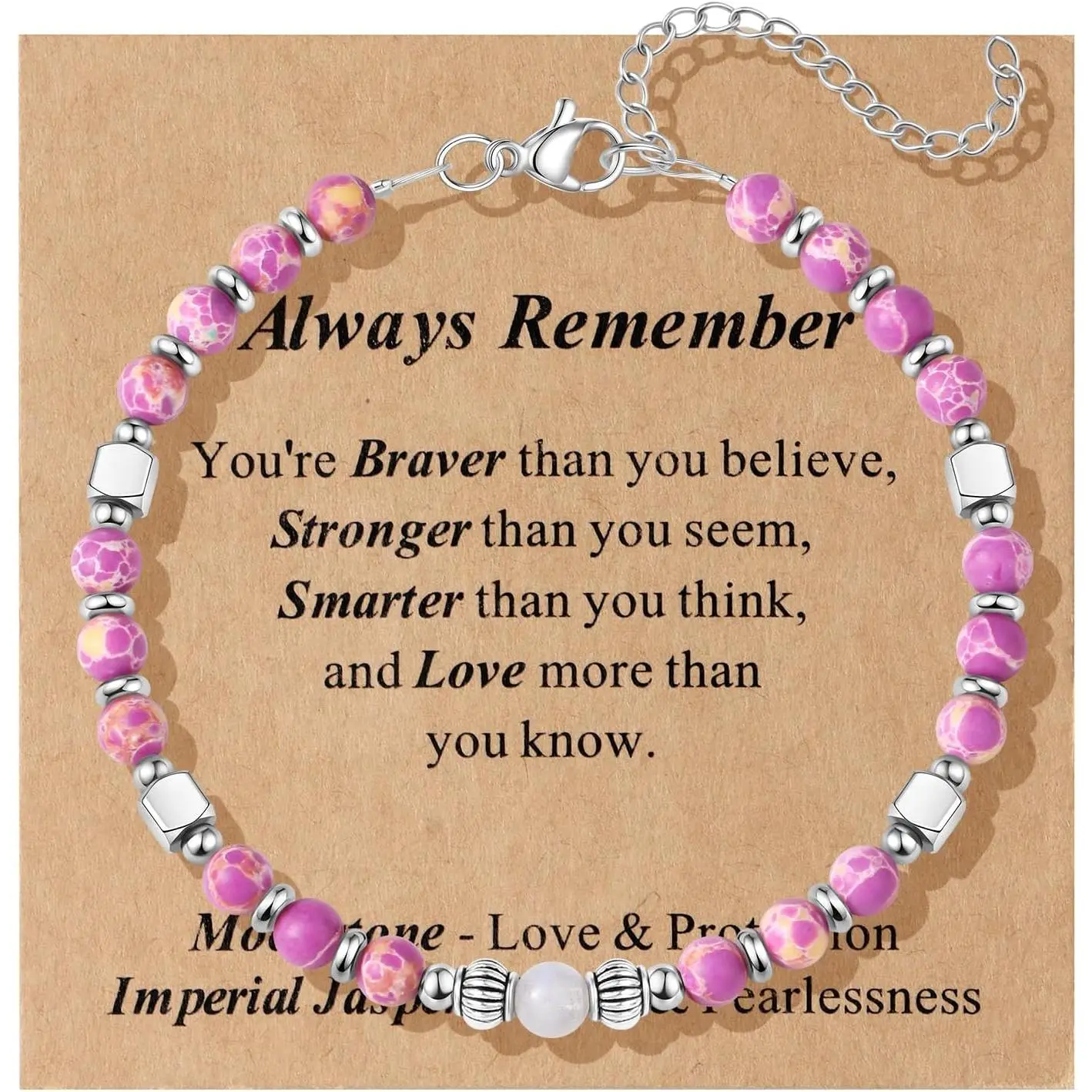 Women's Beaded Bracelet, Handmade with Moonstone & Amazonite Healing Stones, Adjustable Stainless Steel Jewelry, Daily Touchstone Love Gift with Heartfelt Message for Graduation, Valentines Day, Beads
