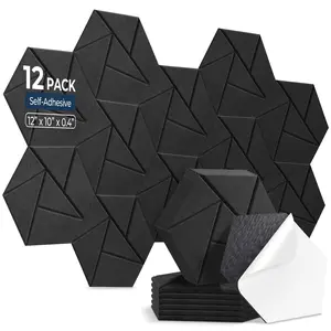 12 Pack Hexagon Acoustic Panels, 12" x 10" x 0.4" High-Density Sound Proof Panels for Walls, Self-Adhesive Acoustic Wall Panels for Studio, Home, Office, Black