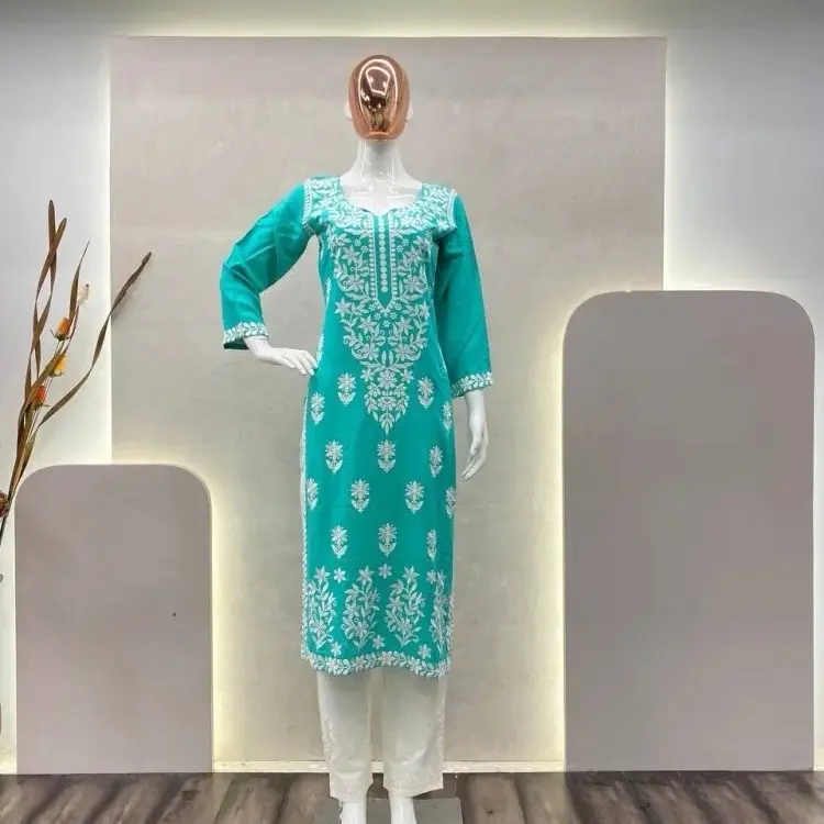 Chikankari Work Kurta Plazzo Set -Designer Top With Palazzo Suit in Light Green Rayon With Cotton Thread Embroidery Casual Dress