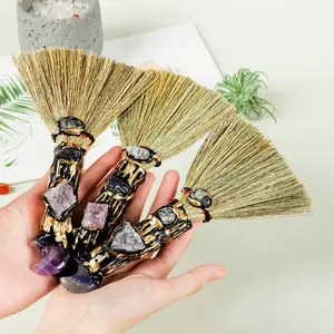 Natural Crystal Moon Shaped Magic Broom, Quartz Witch Broom, Reiki Gemstone, Cleansing Healing, Fengshui, 1pc Halloween Decoration