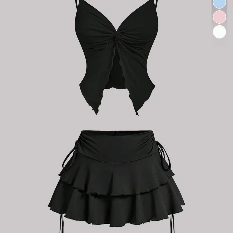 Two-Piece Set Women's Solid Color Tie Shoulder Sleeveless Crop Top & Side Tie Skirt, Casual Fashion for Daily Outdoor Wear, Ladies Clothes for Summer, Fashion Clothing Set, Suits