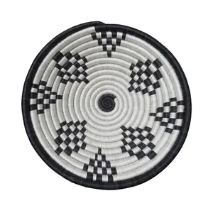 Sisal Rwandan Basket Bowls - Decorative Basket with Black and White Checkerboard Patterns for Home Organization and Wall Use