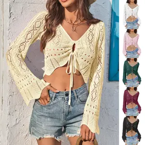 FMEYOA Womens Summer Fall Fashion Crochet Crop Tops Tie Front Bell Long Sleeve Cardigan V Neck Lightweight Knit Shrug Sweaters
