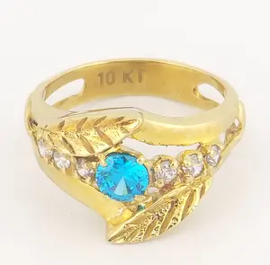 10K Yellow Gold Leaf Desing Ring With Blue Gemstone And Accent Stones