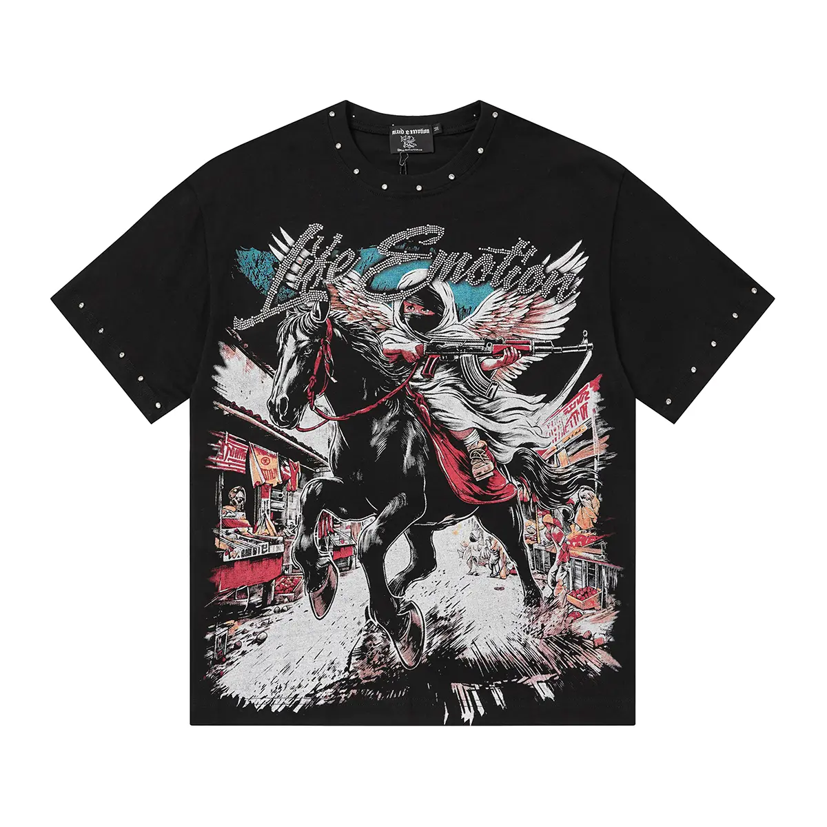 MIXED EMOTION Rhinestone Beach Cherub Graphic Tee 270g Heavyweight Lemon Yellow Y2K Streetwear Mens Standard Fit