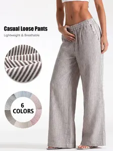 Women's Linen Feel Vertical Stripe Trousers, Elastic Waist Straight Leg, Lightweight Breathable Summer Pants, Bottom