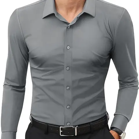 Royaura Men's Fitted Slim Fit Long Sleeve Collared Button-Down Dress Shirt - 74% Nylon 26% Spandex, Stretch, Anti-Wrinkle, Breathable, Quick Drying, Full Coverage, Business-Casual, New Year Ready Top