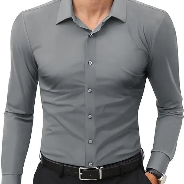 Royaura Men's Fitted Slim Fit Long Sleeve Collared Button-Down Dress Shirt - 74% Nylon 26% Spandex, Stretch, Anti-Wrinkle, Breathable, Quick Drying, Full Coverage, Business-Casual, New Year Ready Top