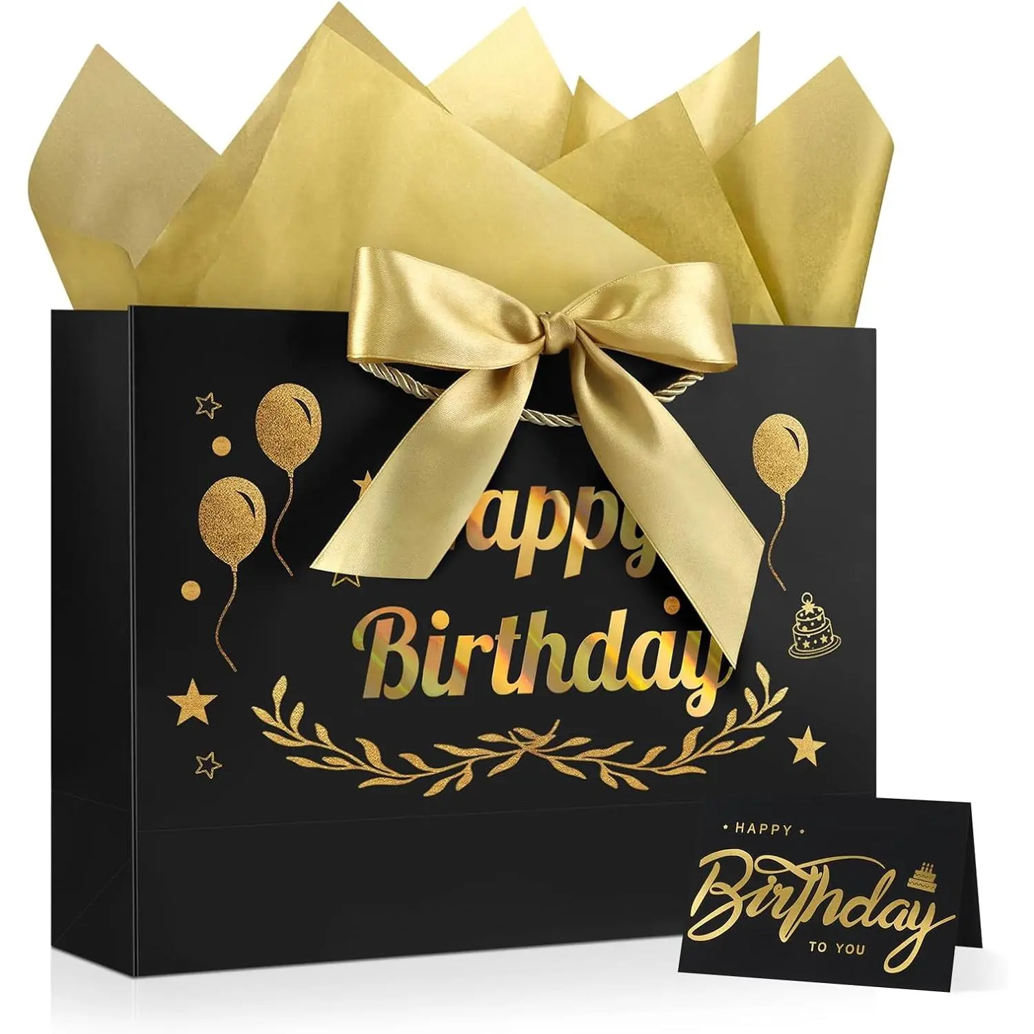 Black  Happy Birthday  Bag with Card and Tissue Paper, 12.6"x9.84"x3.9" Elegant Present Bag for Men Women, Year Old Birthday Keepsake Party Supplies