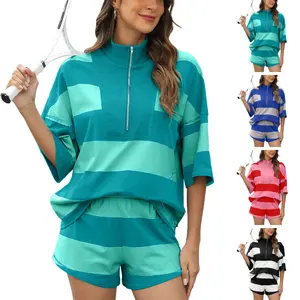 Molitree Women Striped Workout Set Two Piece Outfit Tracksuit Oversized Lounge Set Top and Shorts Sets with Pockets