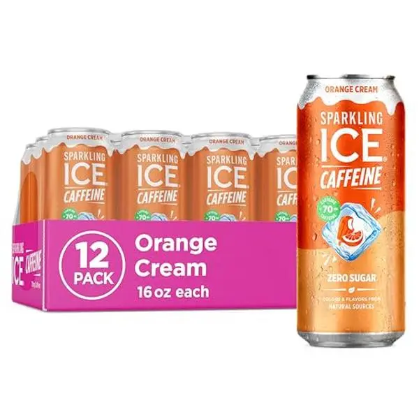 Sparkling Ice® Caffeine Soda Shoppe Orange Cream Perfectly Caffeinated® Sparkling Water with 70mg Caffeine, Zero Sugar, with Antioxidants and Vitamins, 16 fl oz Cans (Pack Of 12)