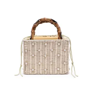 Maxie Pearl-Studded Woven Natural Raffia Clutch Bag with Bamboo Handles & Drawstring Closure for Evening & Daytime Use