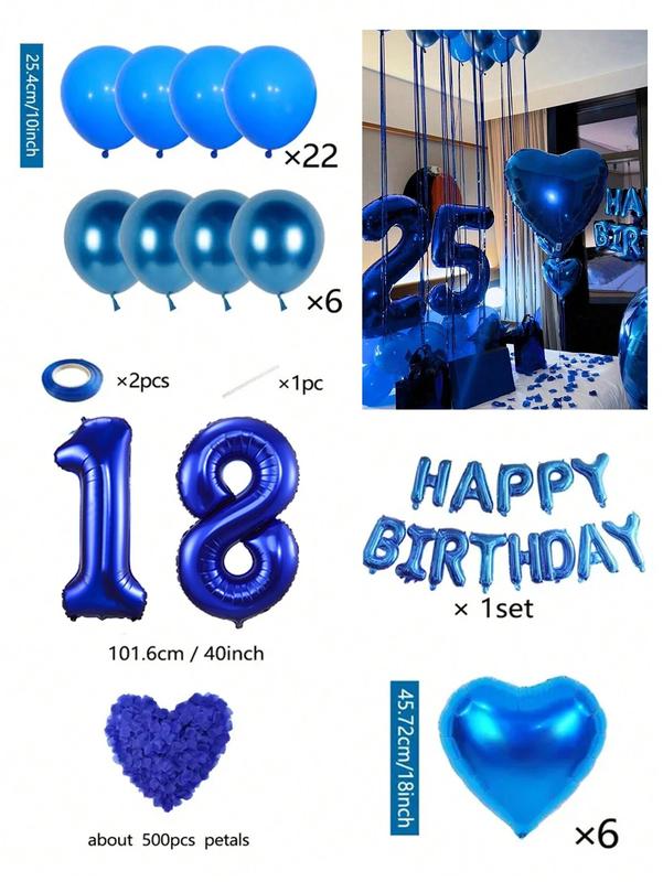 540pcs Blue Happy Birthday Party Decor Kit, Balloon Banner + 40in Foil Number Balloons, Blue Heart Balloons, Blue Rose Petals, Blue Theme Birthday Backdrop for Men Women, Photo Booth & Home Party Setup