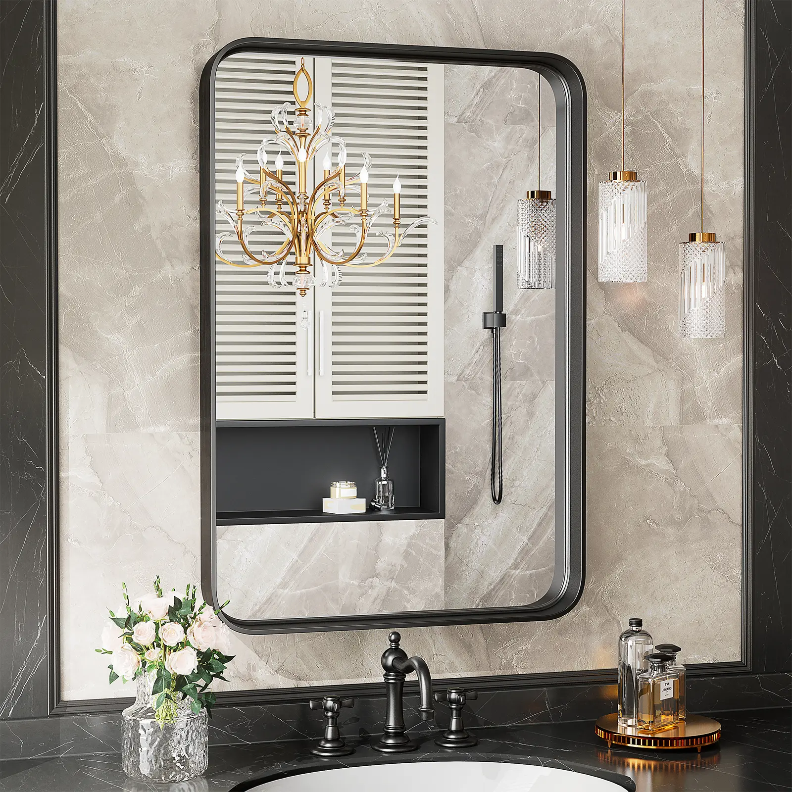 Rounded Rectangle Home Decor Mirror - Black Anti-Rust Aluminum Frame, Tempered Glass Bathroom Vanity Mirror for Restroom, Horizontal or Vertical Hanging, Aluminum Frame Mirror