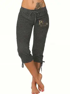 5791-P68 Women's Fashion Casual Seven-Quarter Pants, Fitted Waist Adjustable Drawstring Leggings, Plain Design, All Seasons Wear