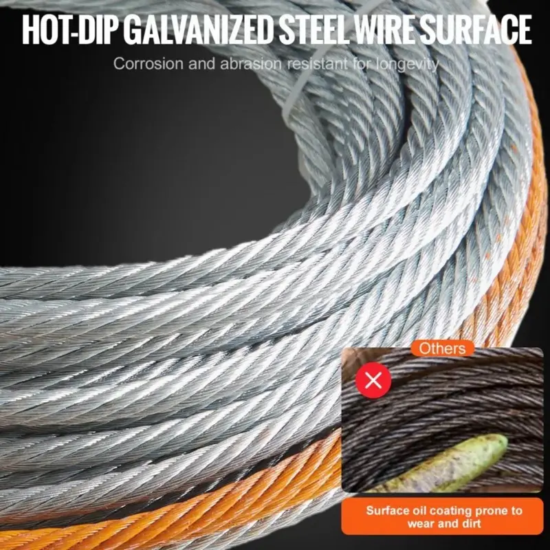 Winch Cable Hot-Dip Galvanized Steel Wire Surface Corrosion & Abrasion Resistant for Longevity