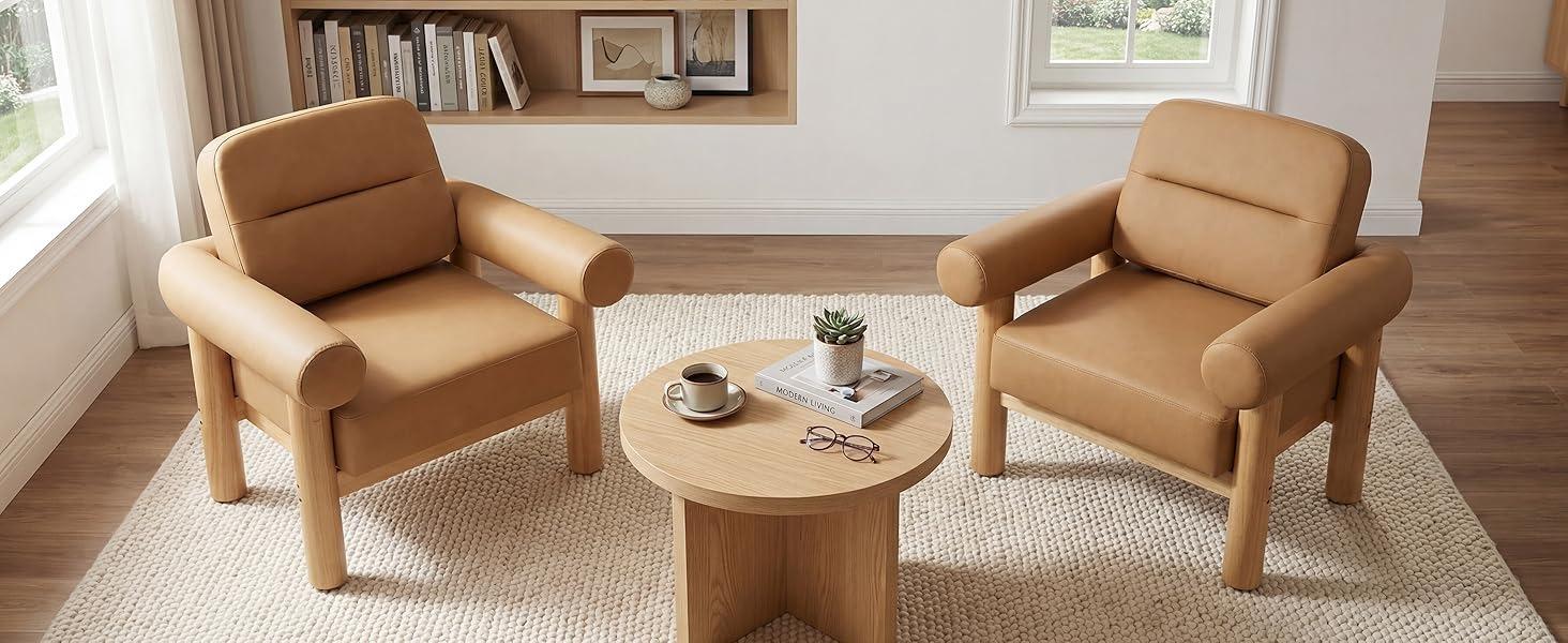 HNY Modern Accent Chair, Faux Leather Barrel Chairs, Comfy Side Arm Chairs with Solid Wood Frame for Living Room,  Aesthetic Room Decor, Light Brown