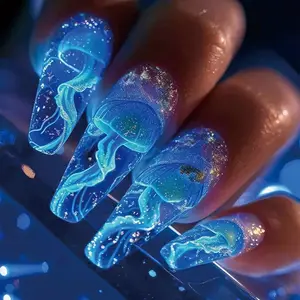 [Sticker] Ins Style Luminous Blue Jellyfish Nail Stickers Trendy Glitter Ice Transparent Fish Tail Wraps Manicure Fashionable