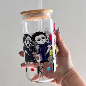 Halloween horror movie characters Glass Cup with lid and straw