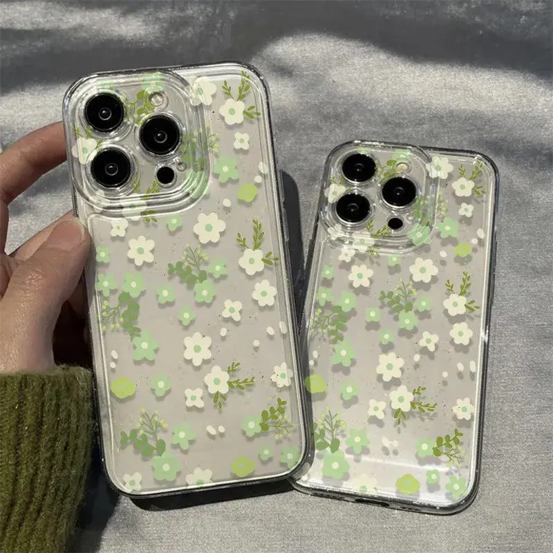 Y2K Cute Cartoon Light Green Flower Phone Case, Multi-Model Shockproof Anti-Fall Protective Casing, Fits iPhone 16 Pro/15/14/13/12/11 Pro/XR/XS Max/7/8 Plus/12 Mini, Phone Accessories with Screen Protector