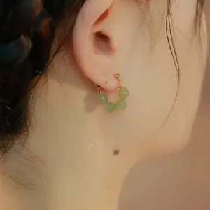Women's Gold Alloy Bead Work Earrings, Colorful Green Beaded Gold-Tone Hoop Earrings, Fashion Lightweight Costume Jewelry, Colorful Beaded Earrings