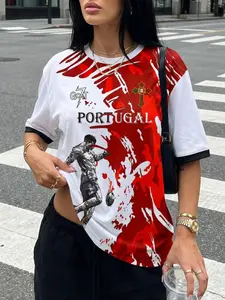 Women's Loose Fit Portugal World Cup Jersey, Retro Goat Graphic Soccer Shirt, Breathable Athletic Tee for Training & Streetwear, Everyday Activewear, Sports Top
