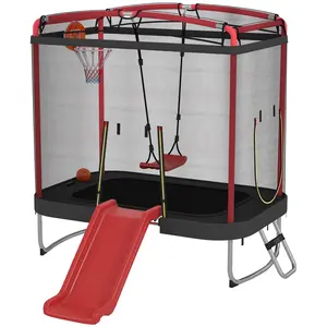 4 x 6FT Trampoline Play Center – Red. 5-in-1: Trampoline + Slide + Swing + Basketball Hoop + Ladder. 59.8" Safety Net. 176 lbs Cap. Ages 3-6