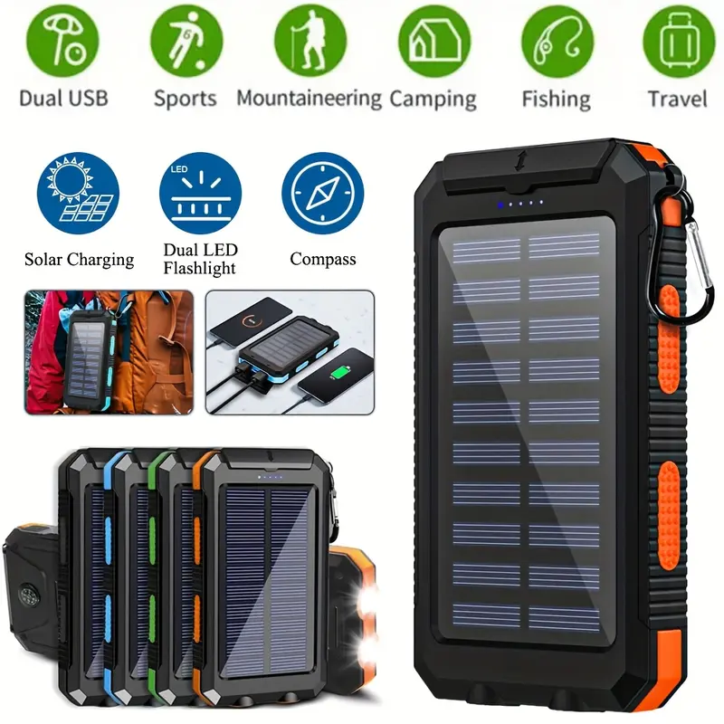 10000mAh Solar Power Bank - EDC Gear, Smartphone Accessory, Chargeable Solar Power Banks with Double USB Ports, Type-C, Micro USB, LED Lights, Compass, Cells for Camping Emergency Charging