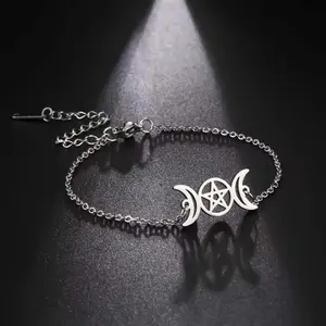 Stainless Steel Triple Moon Goddess Charm Bracelet Double Moon Pentagram Witchcraft Rope Bracelet Magic Jewelry Gift