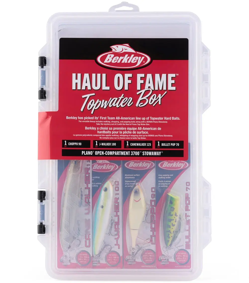 Topwater Lure Kit Box Set - Curated Pack for Explosive Action, Includes Chopper, Popper, and Canewalker 125 Baits with Plano 3700 Open Compartment Tackle Box, Open Compartments, Fishing, Topwater Box