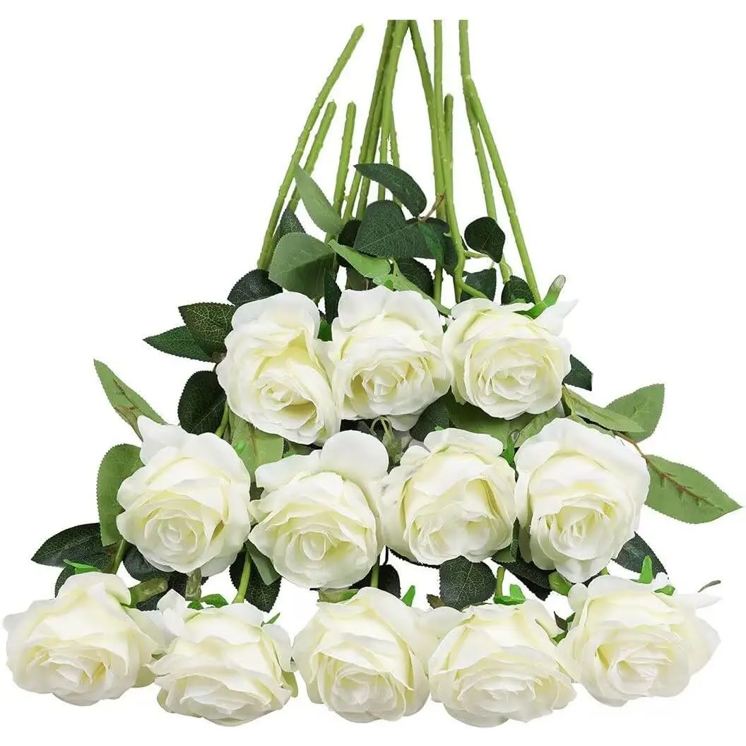 White Roses Artificial  -12 pcs Realistic Single Long Stem  Silk Roses Bouquet for Party Home Wedding Centerpiece Office DIY Decor()
