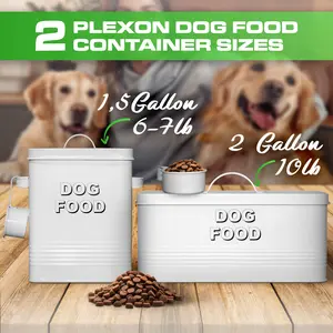 Plexon Metal Dog Food Storage Container with Scoop – Airtight Pet Food Bin, Small & Medium Sizes (1.5–2 Gallon, 5–10 lbs), Galvanized Steel Treat Canister with Lid, White / Off-White