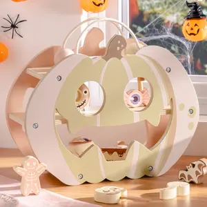 ROBUD Halloween Candy House Play Food Set for Kids, Pink Halloween Decor Indoor, Wooden Halloween Toys Candy & Pumpkin Toys Display Stand with Eyeball Chocolates, Lollipops & Cakes