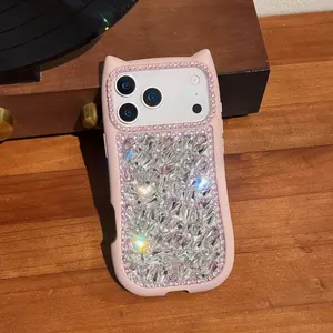Cat Ears Phone Case, Sparkly Rhinestone Phone Case, Optional Rhinestone Bracelet, Cute Millennial Style, Cover for iPhone 13/14/15/16/17 Plus 17 Pro Max