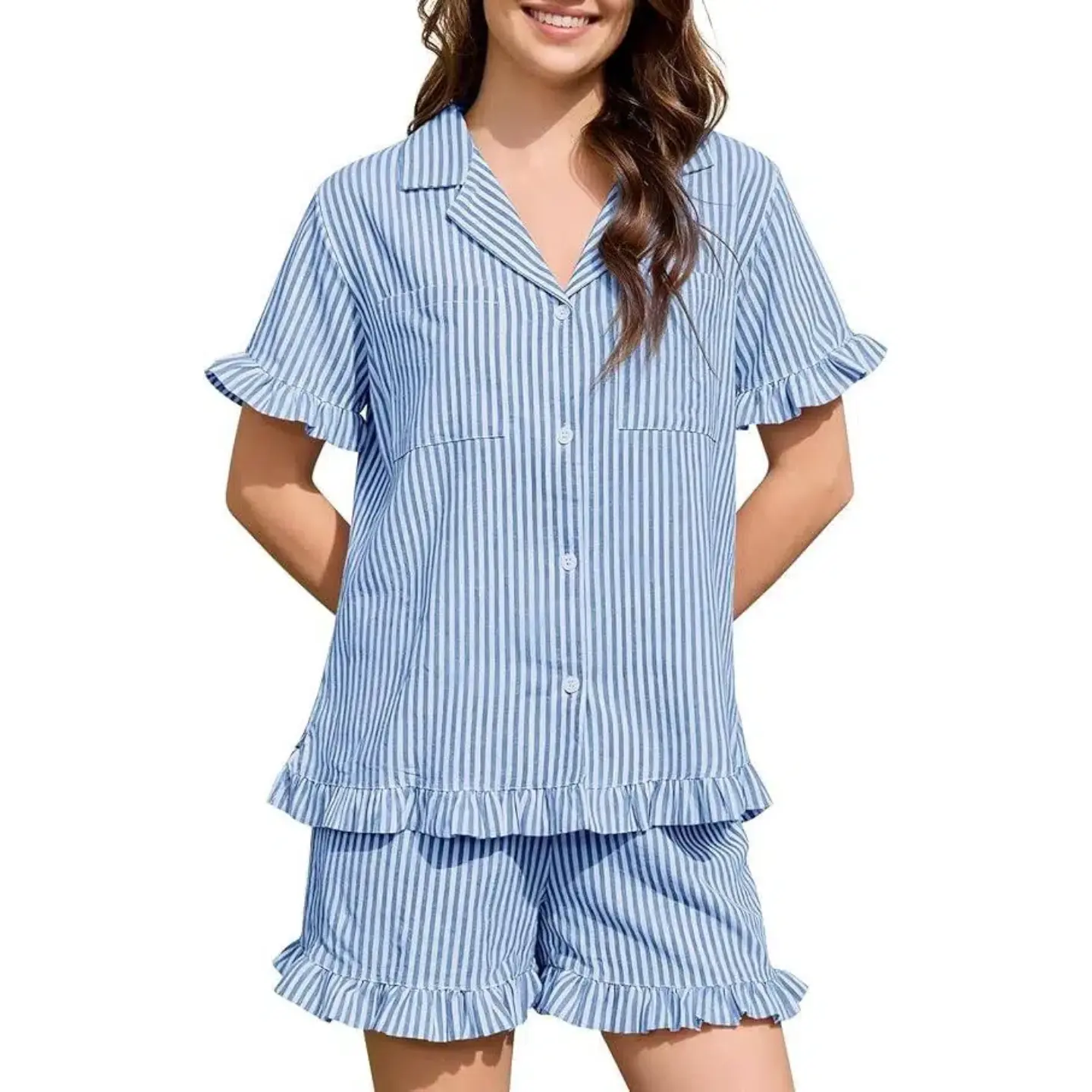 Women's 2-Piece Cotton Short-Sleeve Ruffle V-Neck Striped Casual Pajama Sets - Nightwear, Above-the-Knee Loungewear Shorts