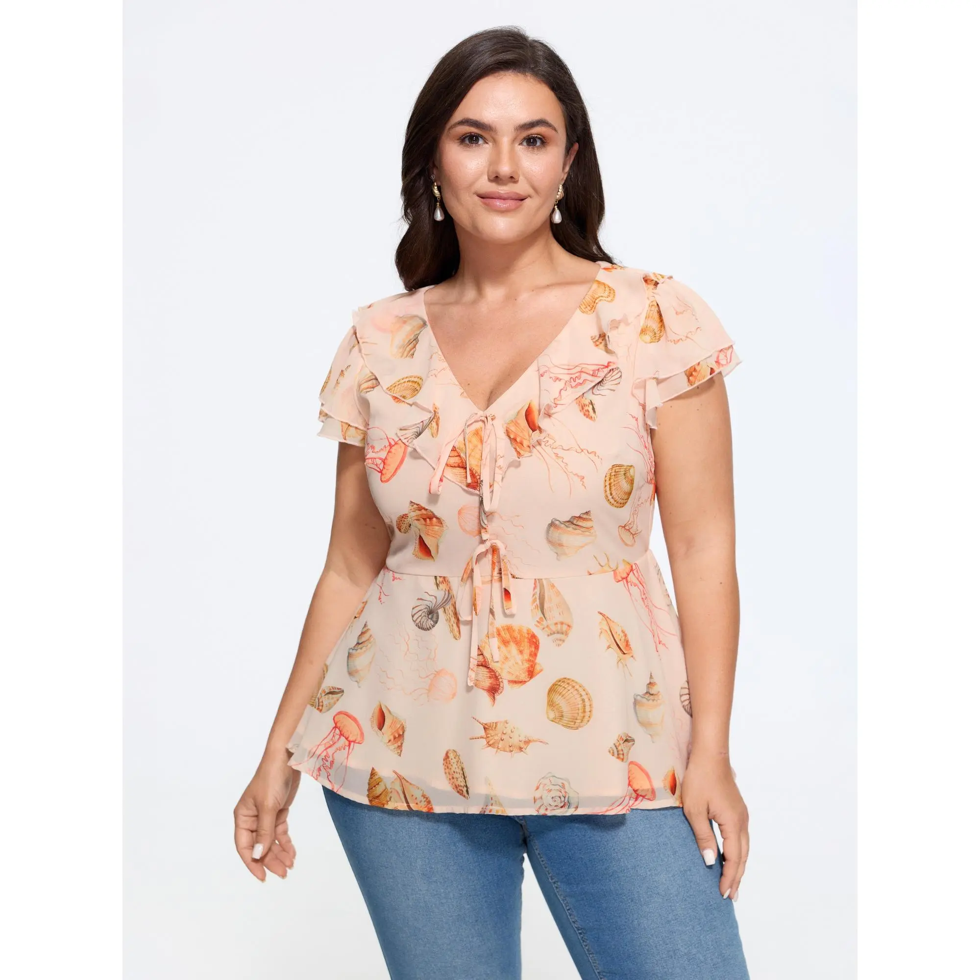 BLOOMCHIC Women's Plus Size Seashell Print Front-Tie Peplum Blouse - Smooth Fabric, Garment Fit, Stylish Sleeves [M-6X] 2026 Summer Women's Tops, Polyester, Shirts