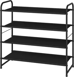 4-Tier Stackable Shoe Rack in Black, Expandable and Adjustable Fabric Shoe Shelf Organizer