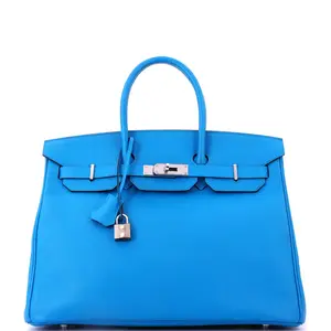 Pre-owned HERMÈS Leather Tote Bags REBAG Hermes Birkin Handbag Bleu Zanzibar Epsom with Palladium Hardware 35 by Rebag