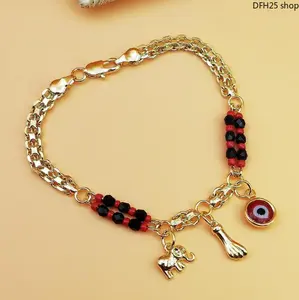 Women’s Evil Eye Elephant Charm Bracelet, 7.5 Inch Gold Plated, Protection Beaded Chain, Unisex Fashion Wrist Jewelry Gift