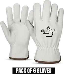 Giorgino Leather Work Gloves Men Pack of 6 Heavy Duty Cowhide Driver Gloves Safety Work Gloves for Gardening & Construction Touchscreen Impact Work Gloves