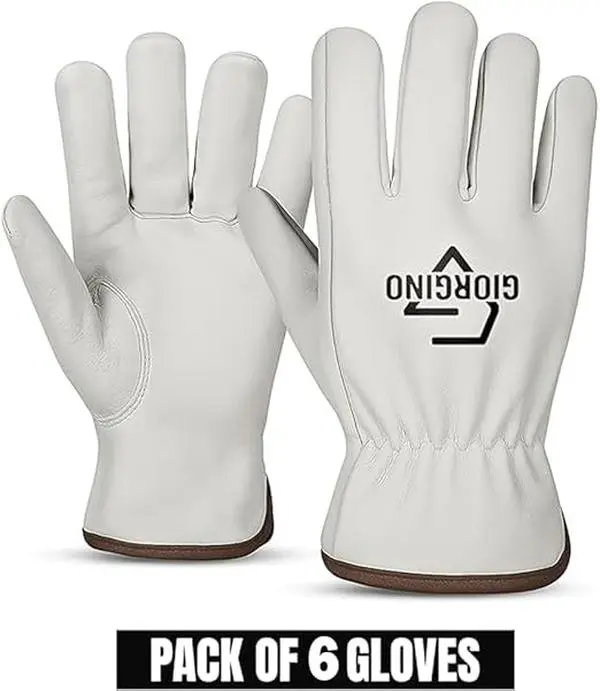 Giorgino Leather Work Gloves Men Pack of 6 Heavy Duty Cowhide Driver Gloves Safety Work Gloves for Gardening & Construction Touchscreen Impact Work Gloves