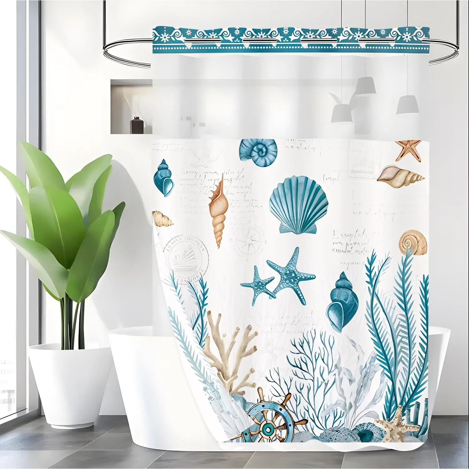 Blue Sea Life Pattern Shower Curtain Set, 1 Count 2 Layers Waterproof Bathroom Curtain, Bathroom Decor Supplies for Home Decor Hotel Salon Dormitory D