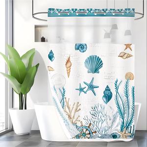 blue sea life pattern shower curtain, 1 count 2 layers waterproof bathroom curtain, bathroom decor supplies for home decor hotel salon dormitory decoration, home goods, bathroom accessories, room extendable rod accessories