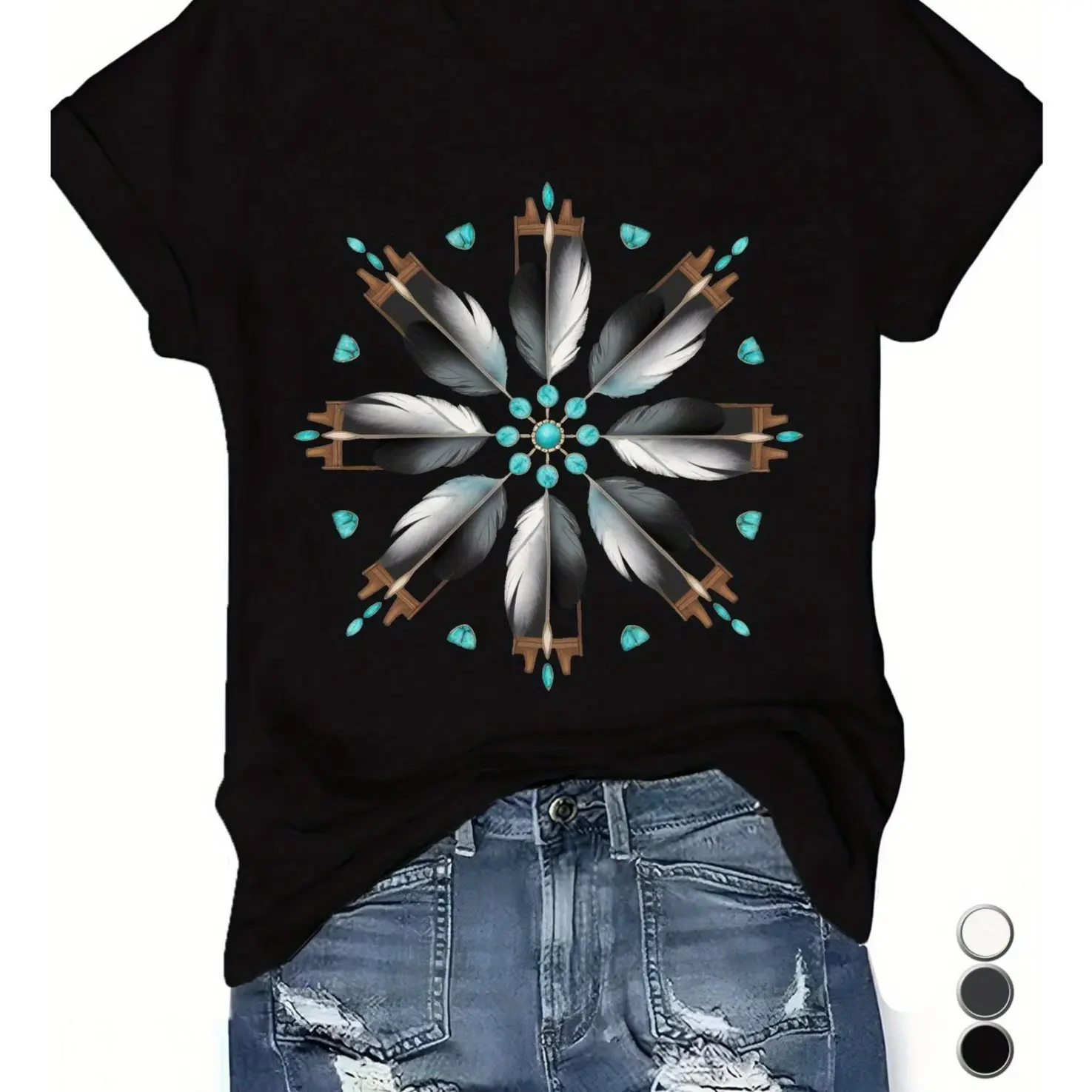 Women's Boho Graphic T-Shirt - Shortleeve Feather Print Top with Turquoise Accents, Streetwear Casual Women's Top, Shortsleeve
