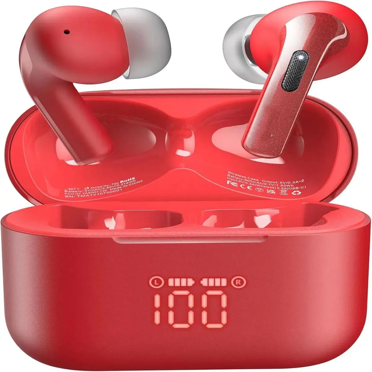T20 Wireless Bluetooth Earbud Headphone with Rubber Cable, 48.5 Hrs Playtime, LED Digital Display, IPX8 Waterproof, Dual Mic Noise Cancellation, 10mm Broad Range Stereo Speakers, Wireless & USB Charging Case for Workouts